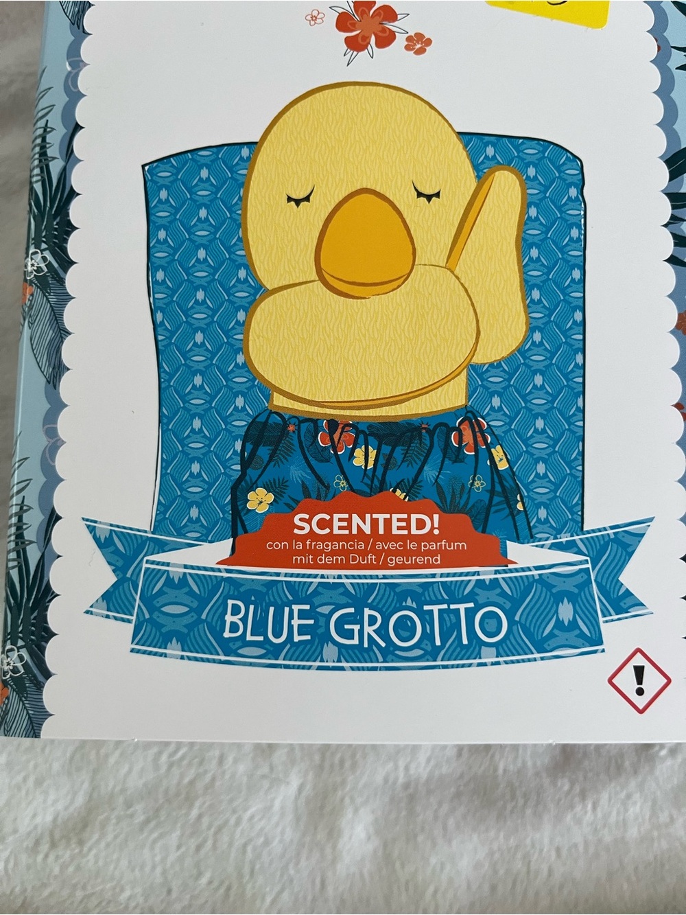 Scentsy Blue Grotto Plush Duck Graphic in Yellow and Blue